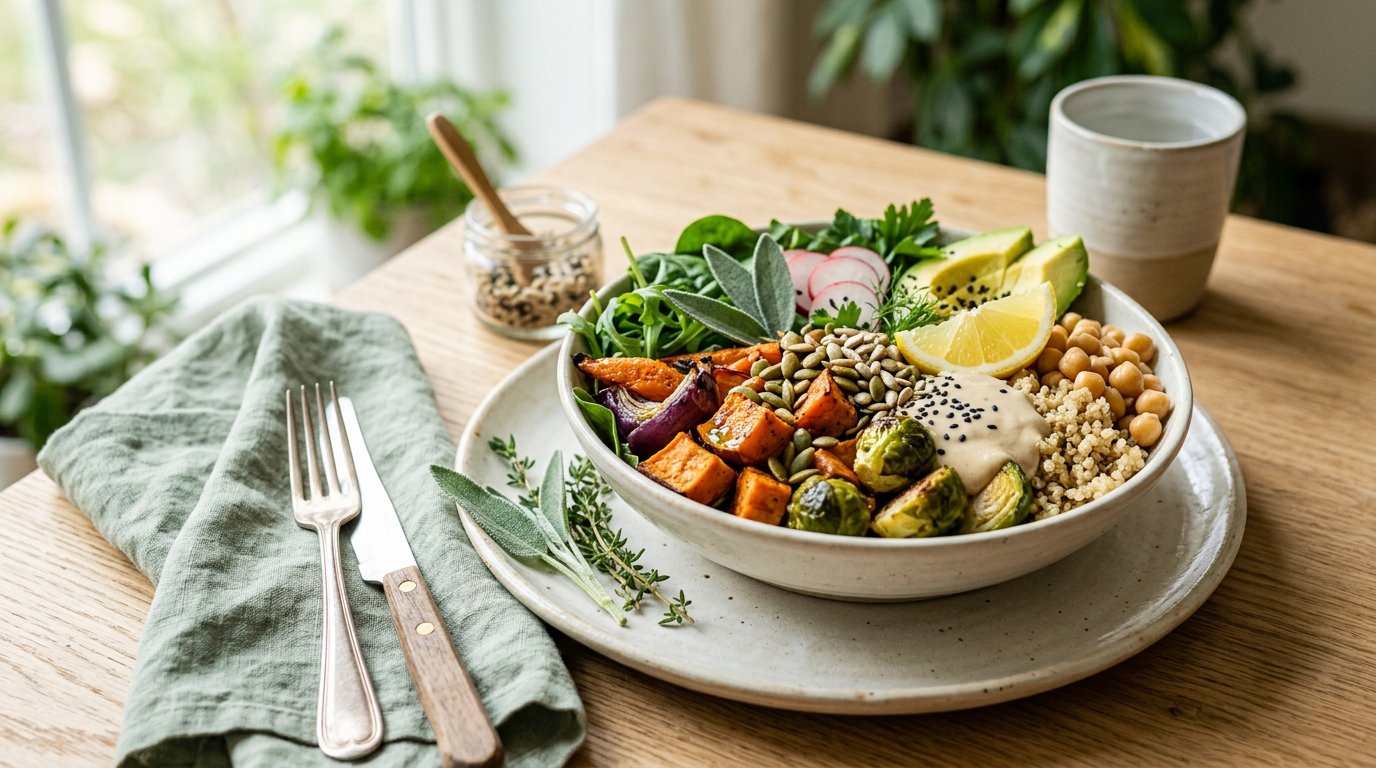 A colorful bowl of vegetables, grains, greens, and seeds
